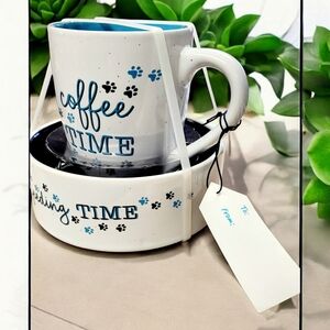 Pet ceramic food bowl for cats set with paws coffee cup new with tags